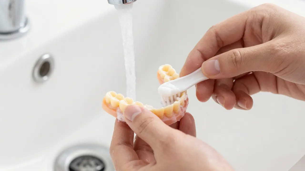 Ruce jemně čistící protézu pod tekoucí vodou.