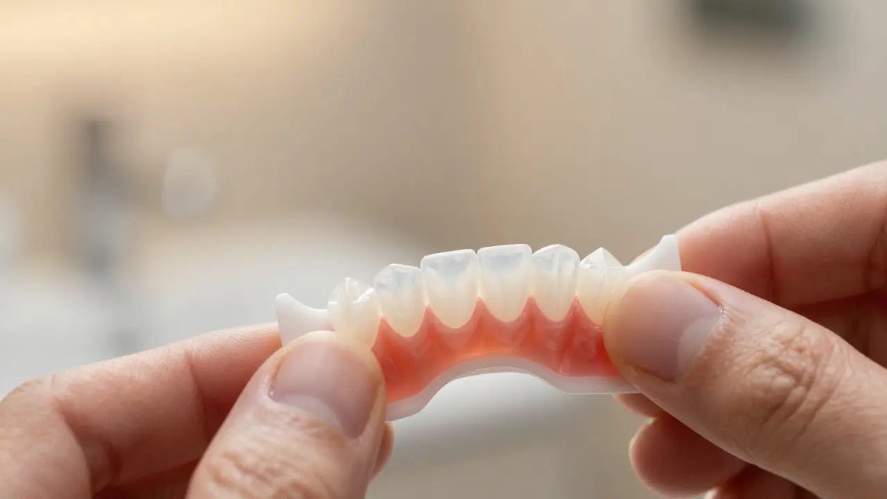 Ruka ukládající akrylátový náplast na spodní řezák