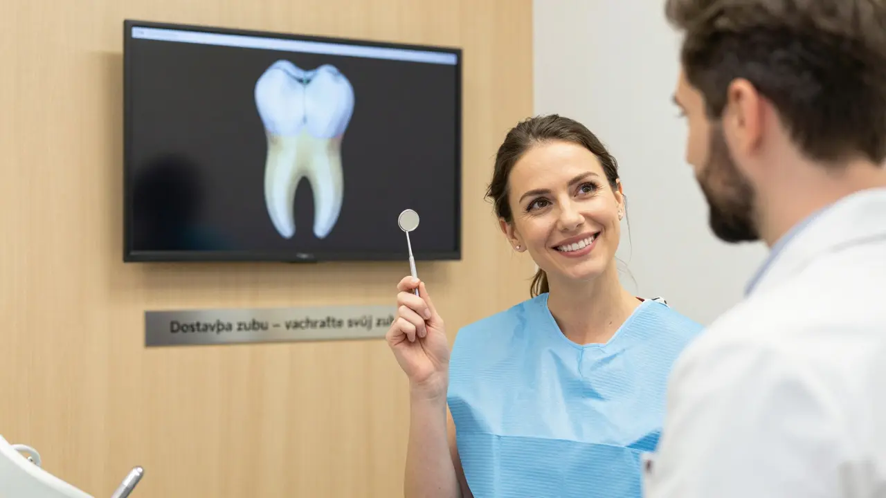 Smiling patient and dentist in a Czech dental clinic, with 3D scan of a restored tooth visible in background.