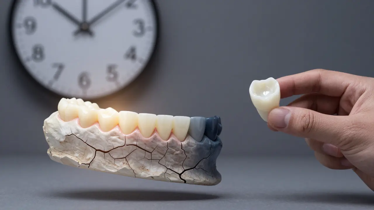 Stará protéza nad opotřebovanou čelistí, zatímco nová je připravena k nasazení.