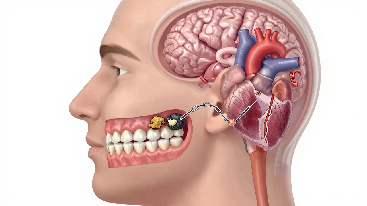 Transparentní hlava ukazující spojení mezi zdravými zuby a zdravím srdce a mozku.
