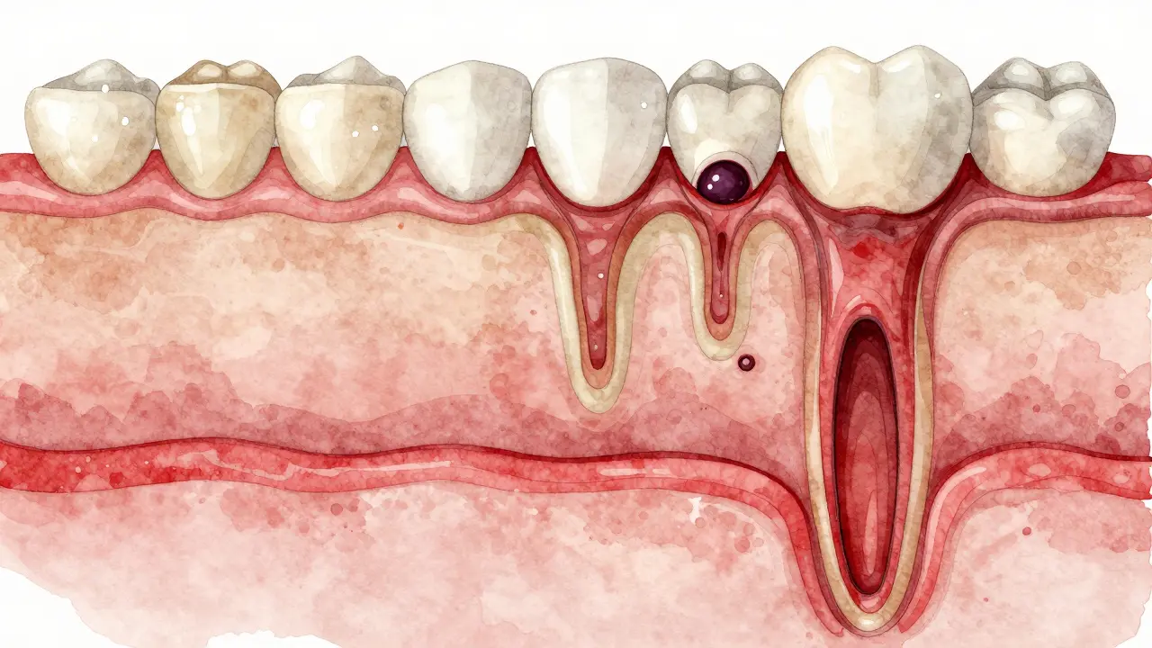 Tři fáze kazu na zubu: bílá skvrna, průnik do dentinu a vystavení pulpy.