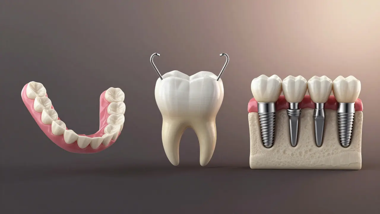 Tři zubní náhrady vedle sebe: částečná protéza, zubní most a implantáty s přirozenými korunkami.
