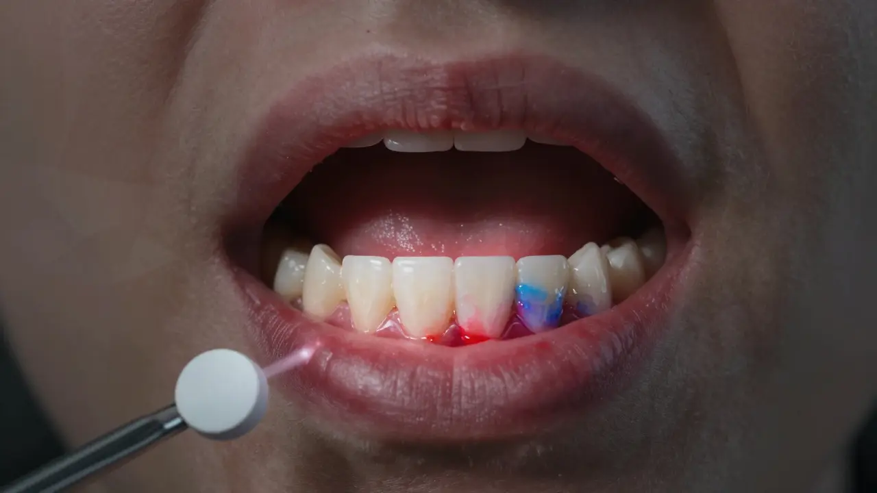 Vnitřní pohled na ústa s červenými a modrými skvrnami ukazujícími skrytý zubní plak.