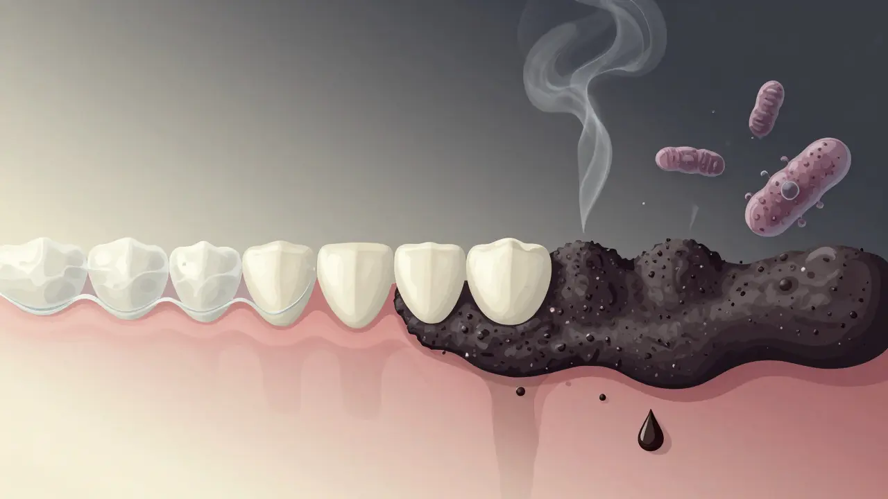 Vývoj plaku v zubní kámen s příčinami jako kouření a černý čaj.