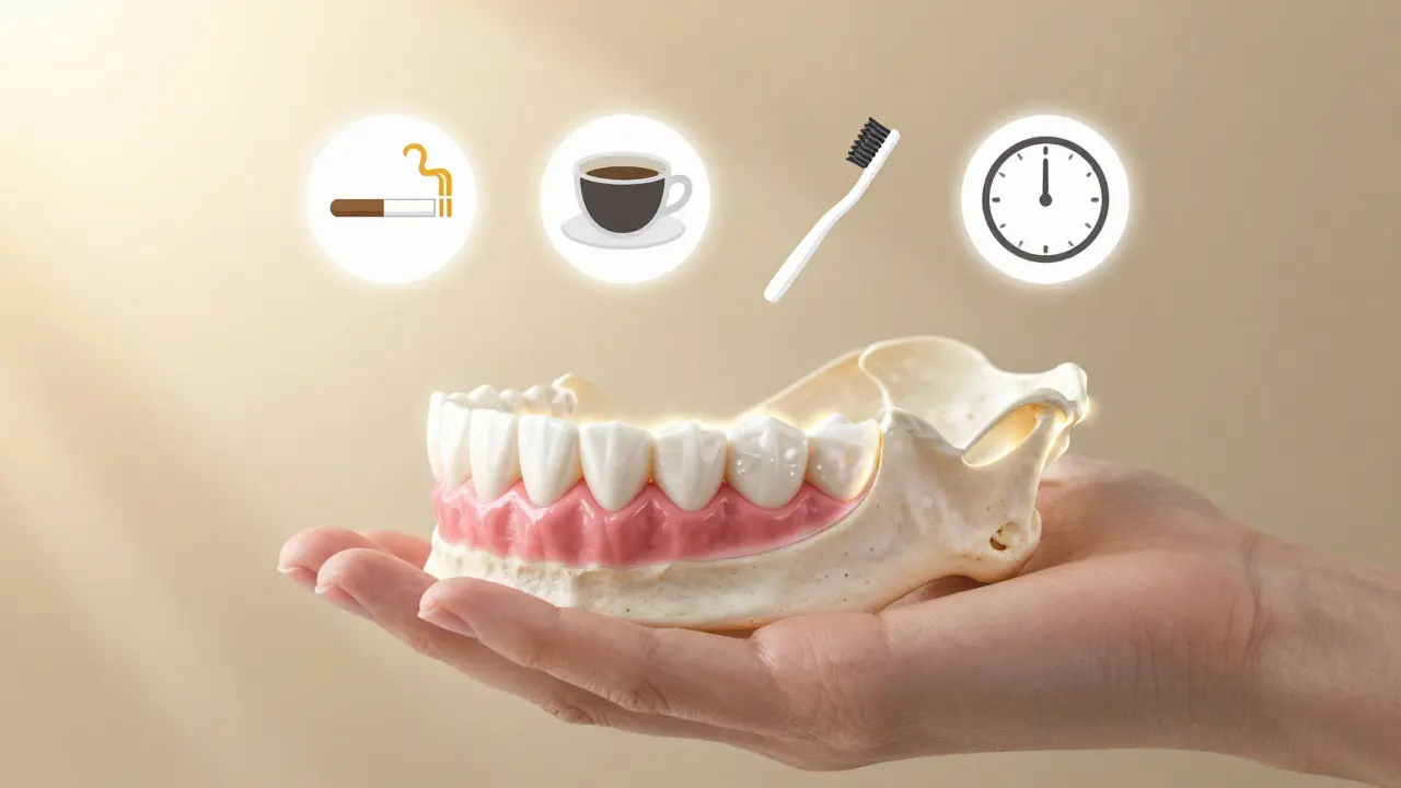 Zdravá dásně pod odstraněným kamenem s ikonami prevence.