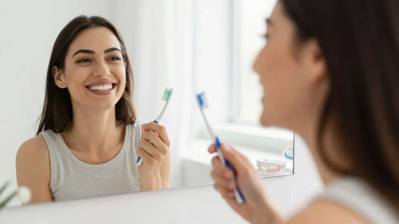 Žena se směje s novými zubními fazetami, vyjádřením sebevědomí.