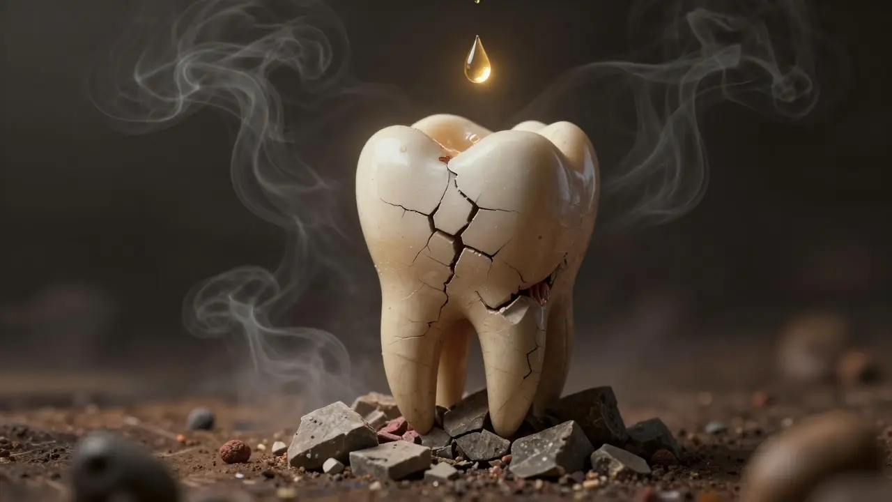 Zub jako zřícená věž, kterou se snaží obnovit kapička sliny.