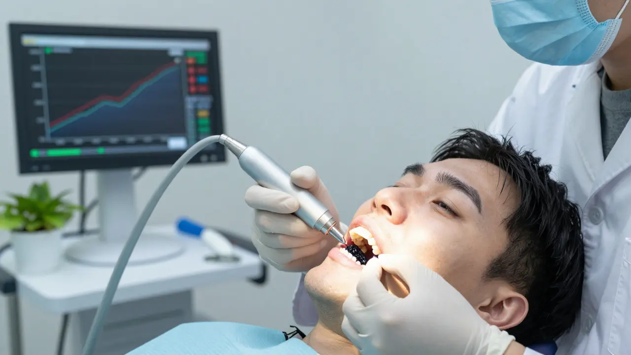 Zubní lékař odstraňuje černý zubní kámen pomocí ultrazvukového čističe.