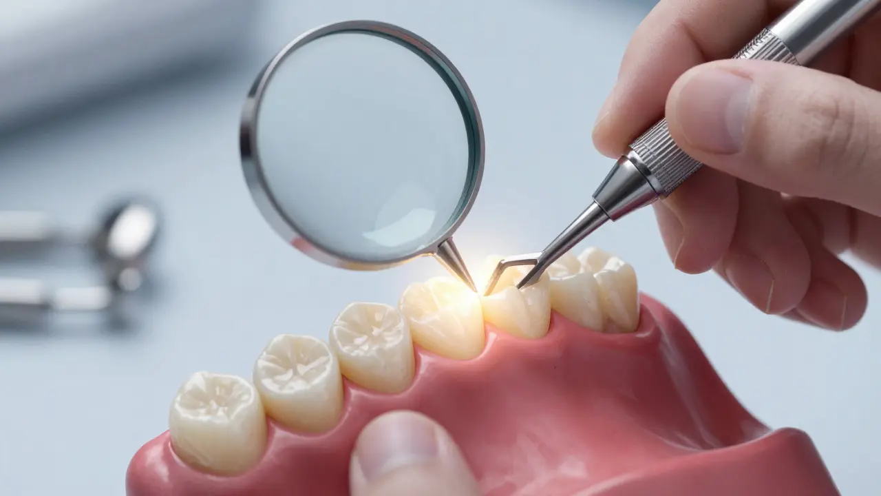 Zubní lékař připevňuje keramickou fazetu na zub s přesnými nástroji v klinice.