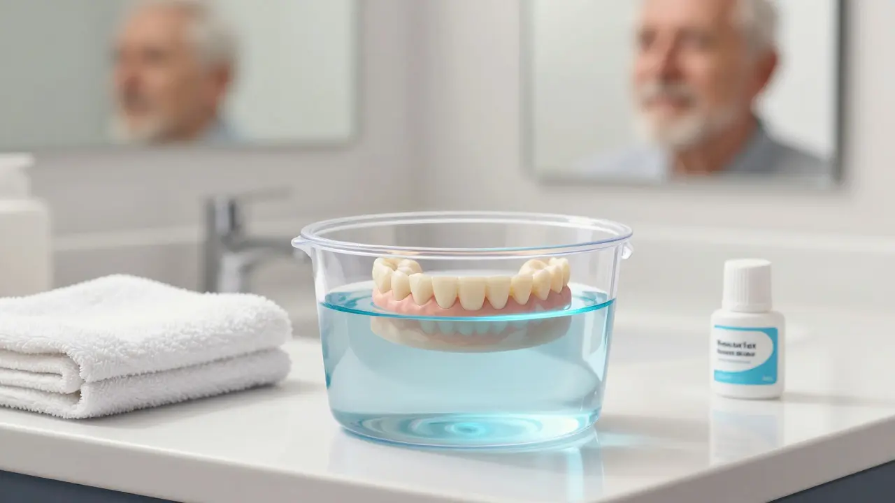 Zubní protéza ponořená v čisté vodě v nádobě na uchování.