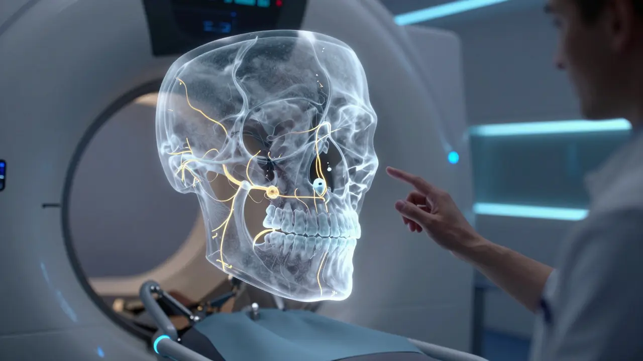 3D holografický obraz čelisty z CBCT rentgenu pro přesné plánování implantace.