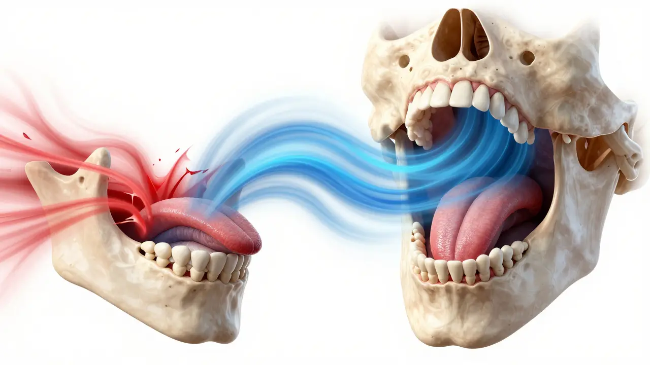 3D ilustrace srovnání úzkého a správně rozšířeného čelistního oblouku a průtoku vzduchu.