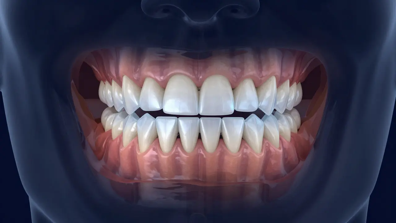 3D lékařská ilustrace čelistí ukazující nesprávné zarovnání horních řezáků