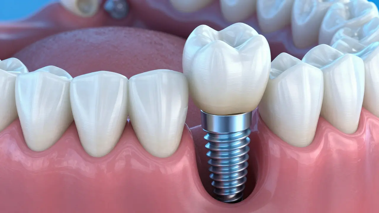 3D render zubního implantátu s titanovým šroubem a keramickou korunkou v dásni.