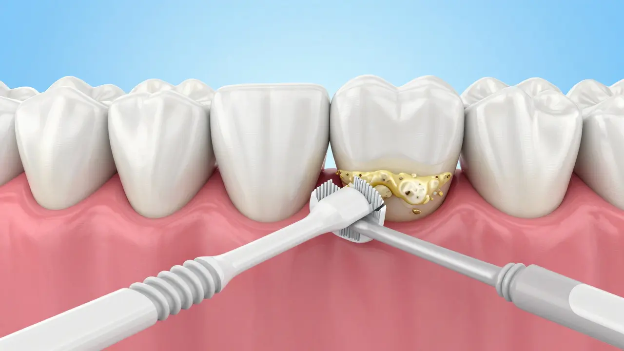 3D vizualizace mezizubního kartáčku odstraňující plak mezi zuby.