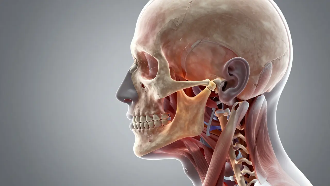 Anatomický nákres profilu hlavy s vyznačeným napětím v čelistním kloubu a svalech.