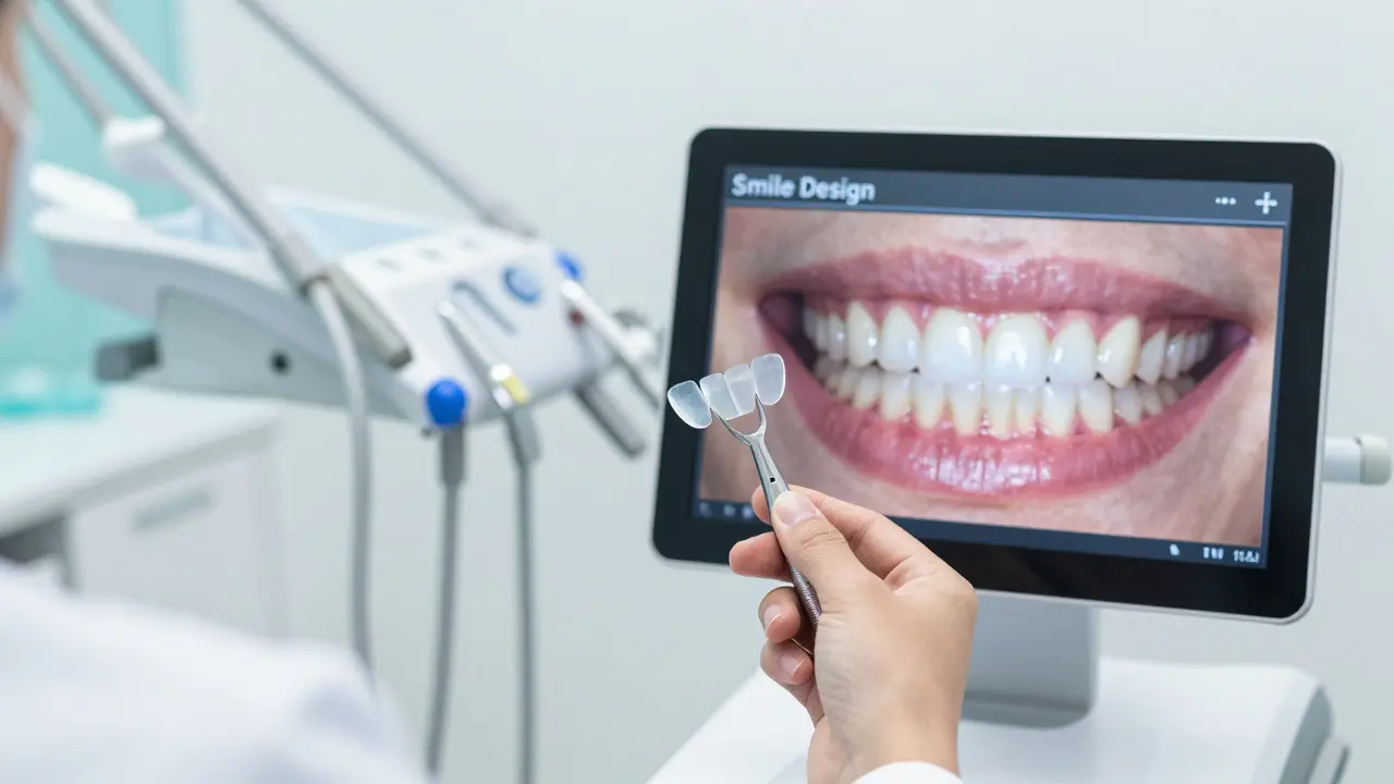 Detail keramické fasety v moderní zubní klinice vedle digitálního plánu úsměvu