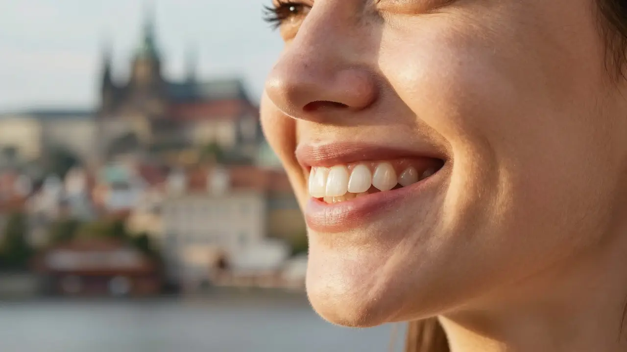 Detail sebevědomého a přirozeně krásného úsměvu s fasety.