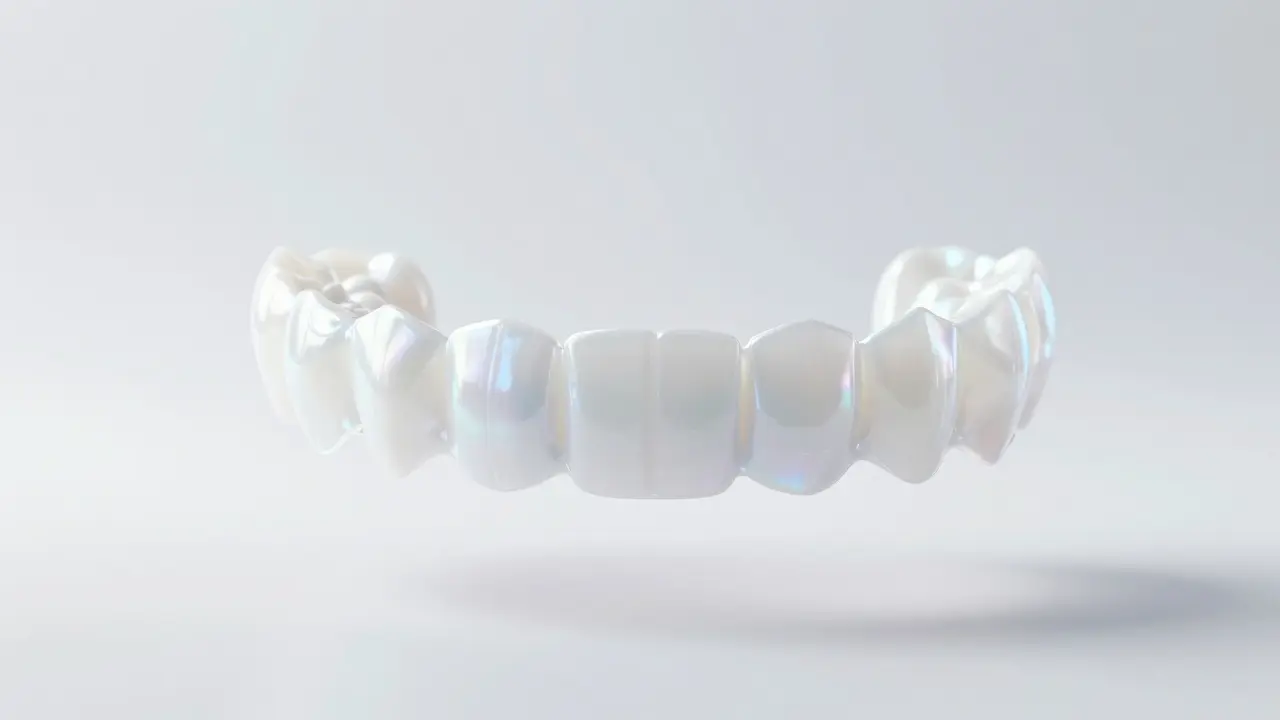 Detail tenké, průsvitné porcelánové fazety v minimalistickém prostoru.