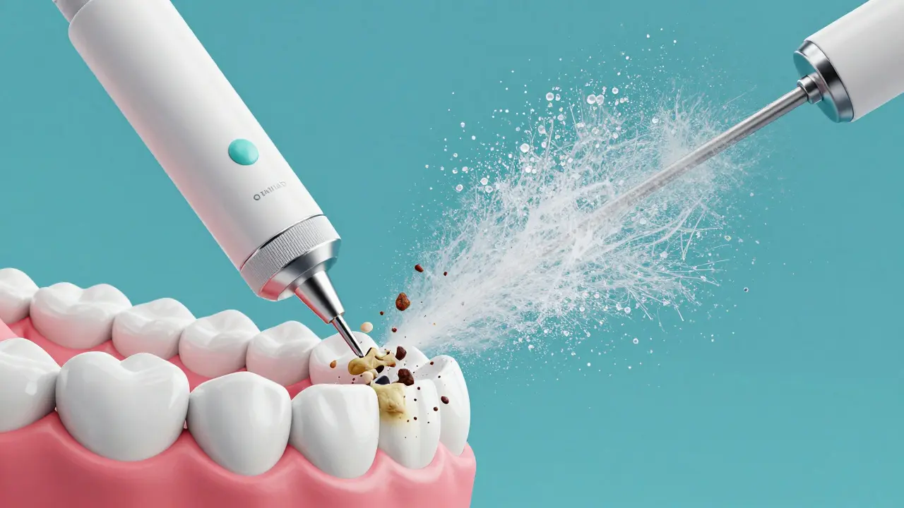Ilustrace profesionálního čištění zubů pomocí ultrazvuku a Airflow.