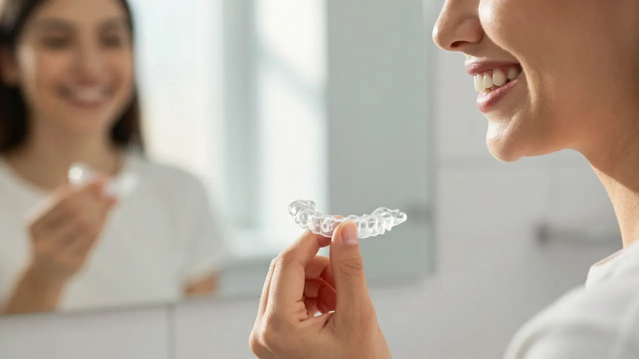 Klidný člověk s rovnými zuby se usmívá do zrcadla s pouzdrem na alignery v ruce.