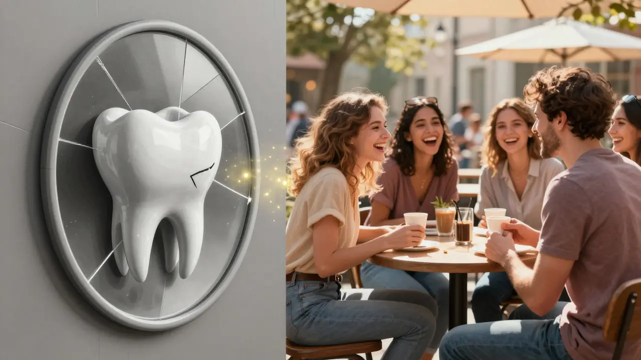 Koláž znázornující kontrast mezi osobním komplexem a vnímáním ostatních.