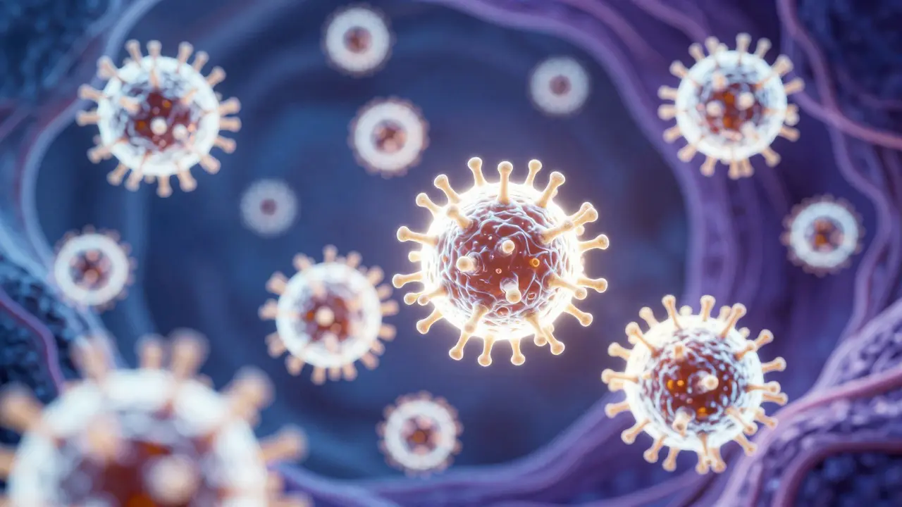 Konceptuální ilustrace bílých krvinek bojujících s virusy v těle.