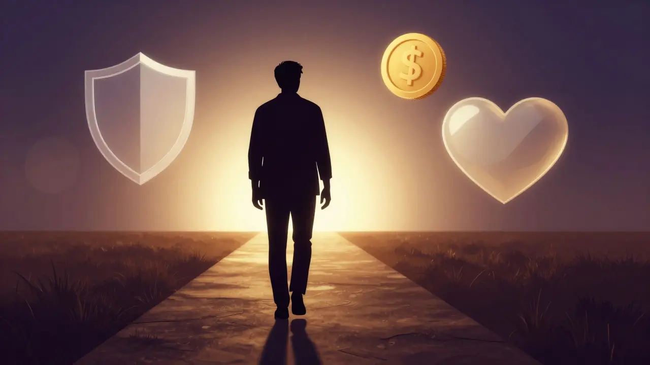 Konceptuální obraz cesty k uzdravení s symboly finanční a psychické podpory.