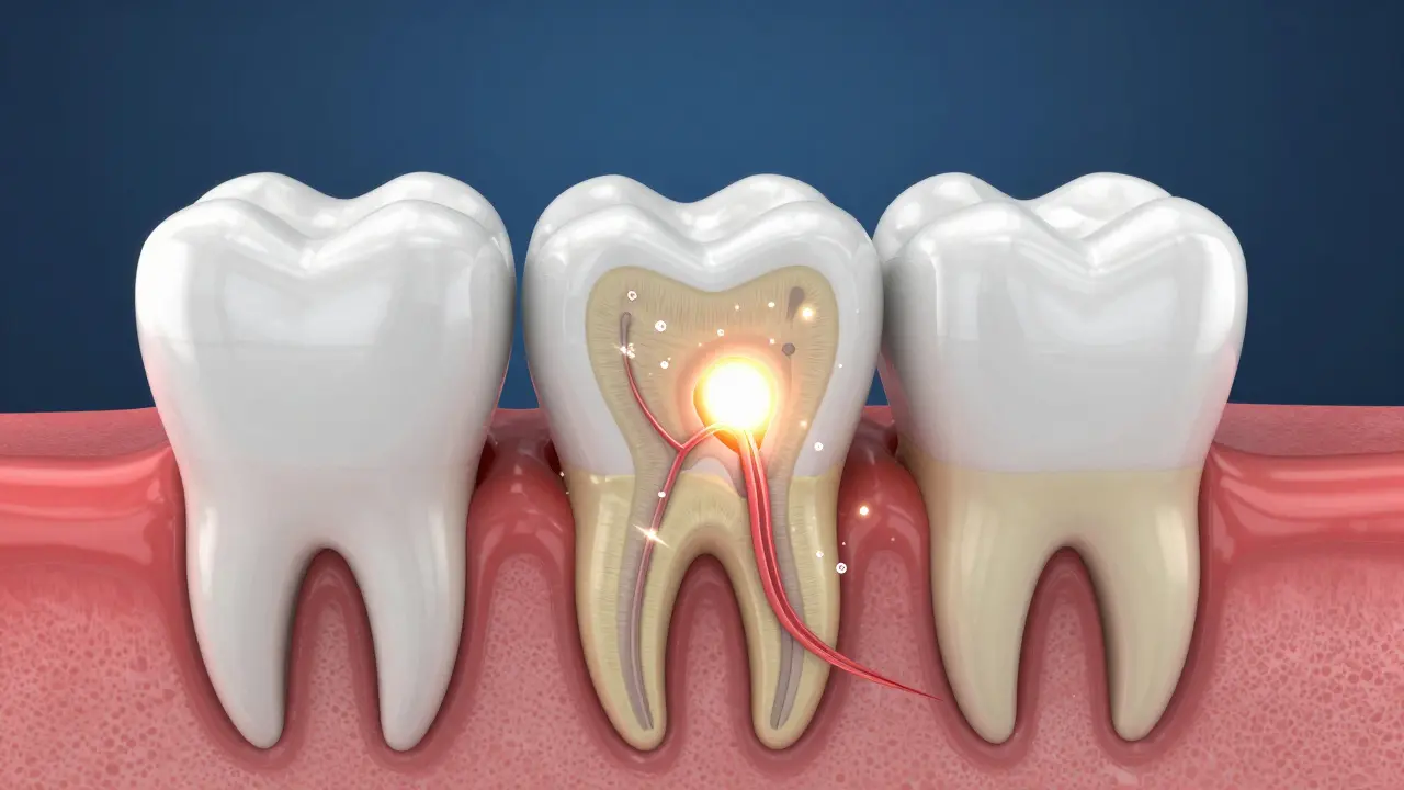 Konceptuální schéma zubu ukazující otevřené póry skloviny a podrážděný nerv.
