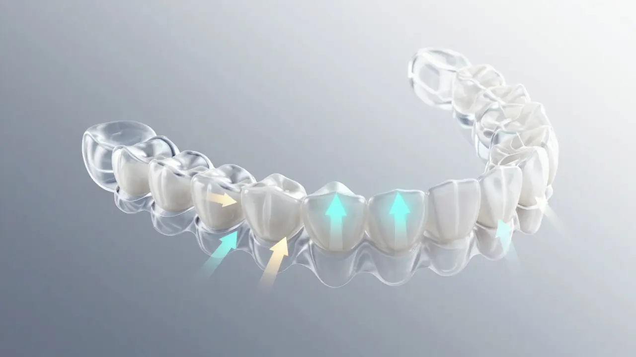 Konceptuální znázornění pohybu zubů pomocí průhledných alignerů a směrových šipek.