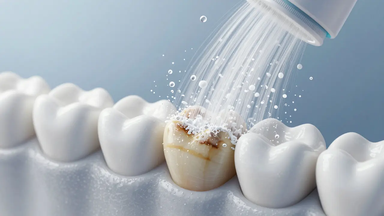 Konceptuální zobrazení procesu pískování zubů odstraňujícího skvrny.