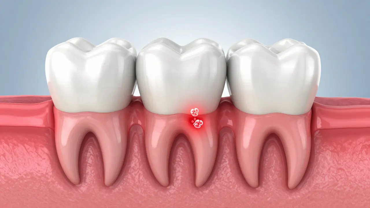 Medicínská 3D ilustrace průřezu zubu a dásní s červenými zánětlivými oblastmi.