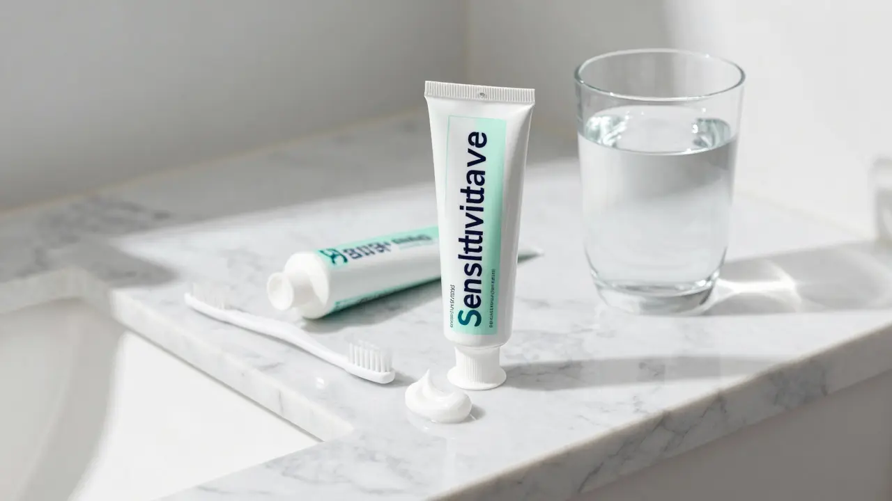 Měkký kartáček a pasta pro citlivé zuby na mramorovém povrchu v koupelně.