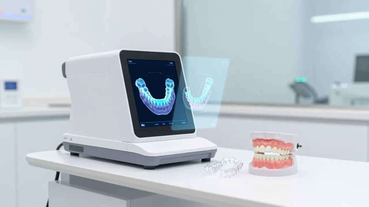 Moderní ortodontická klinika s holografickým 3D modelem zubů a průhlednými šínkami.