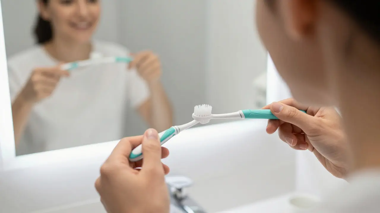 Osoba používající zahnutý mezizubní kartáček u zadních zubů před zrcadlem.