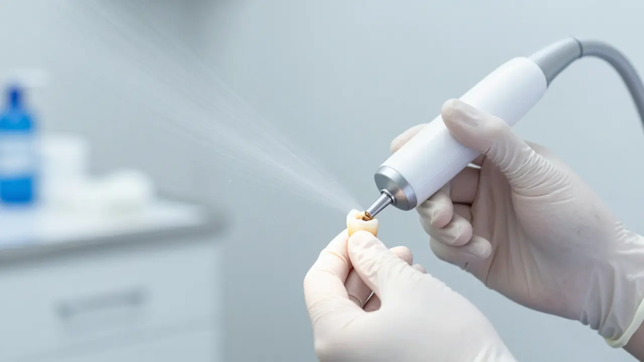 Profesionální odstranění zubního kamene pomocí ultrazvukového přístroje.