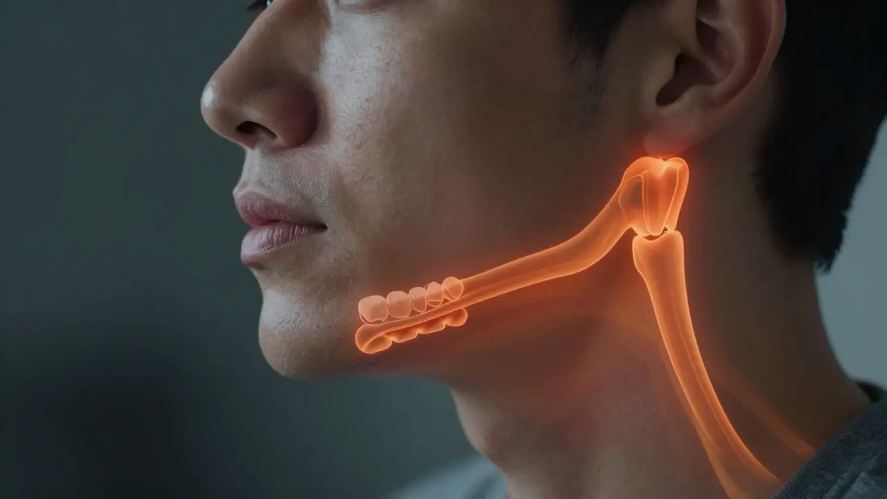 Profil člověka s vizuálním znázorněním napětí v čelistním kloubu a krční páteři.