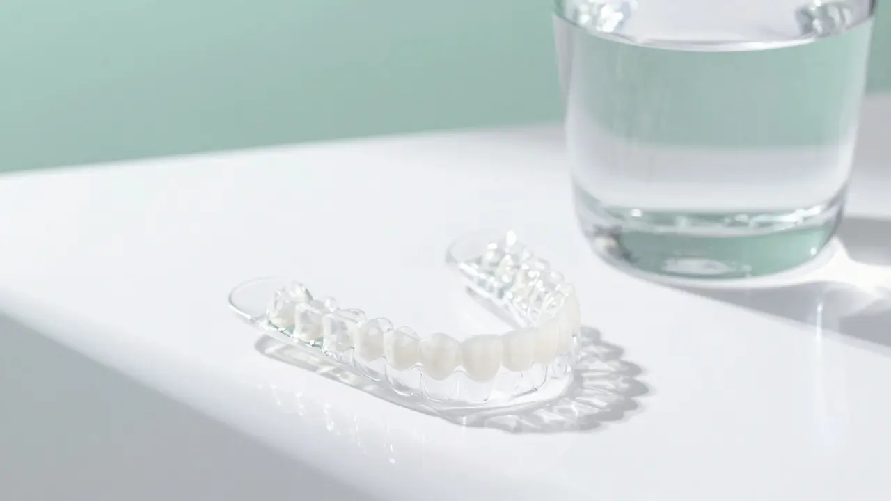 Průhledná ortodontická alignerova aparátura na bílém minimalistickém podkladu.