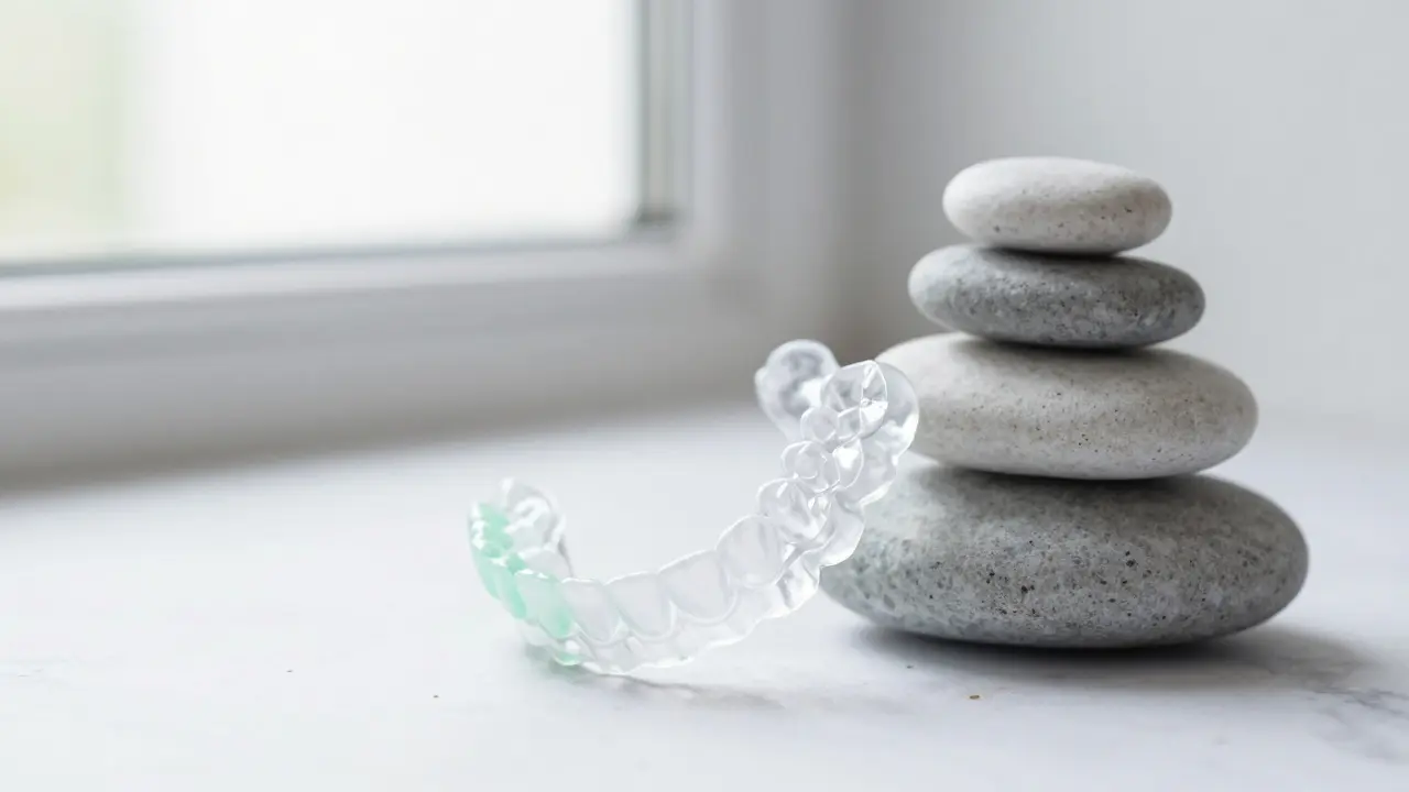 Průhledný aligner vedle zenových kamenů na bílém mramoru jako symbol rovnováhy.