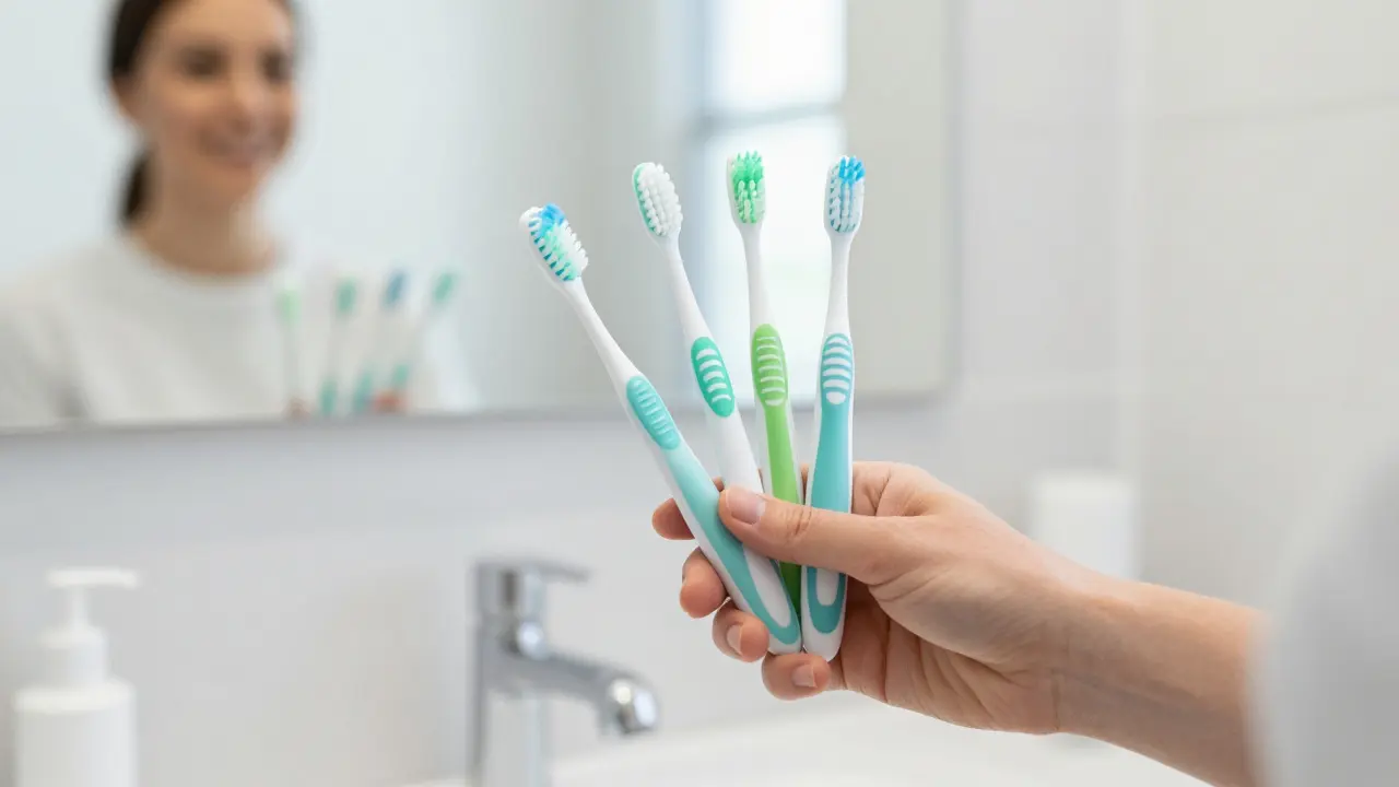 Sada mezizubních kartáčků různých velikostí v moderní koupelně.