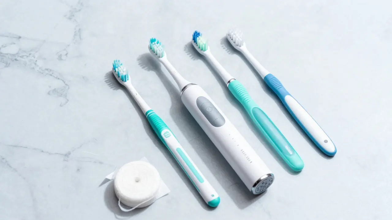 Sada pro domácí péči o zuby včetně sonického kartáčku a nití.