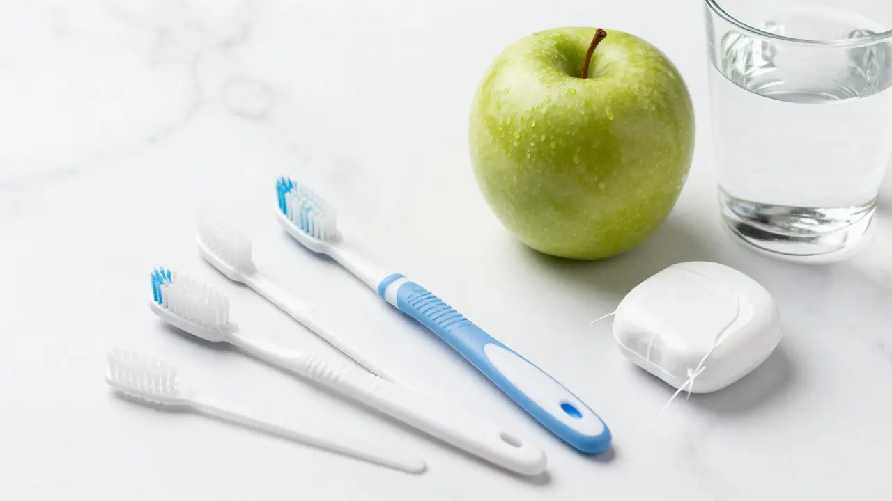Sada pro mezizubní čištění, jemný kartáček a jablko na bílém mramoru.