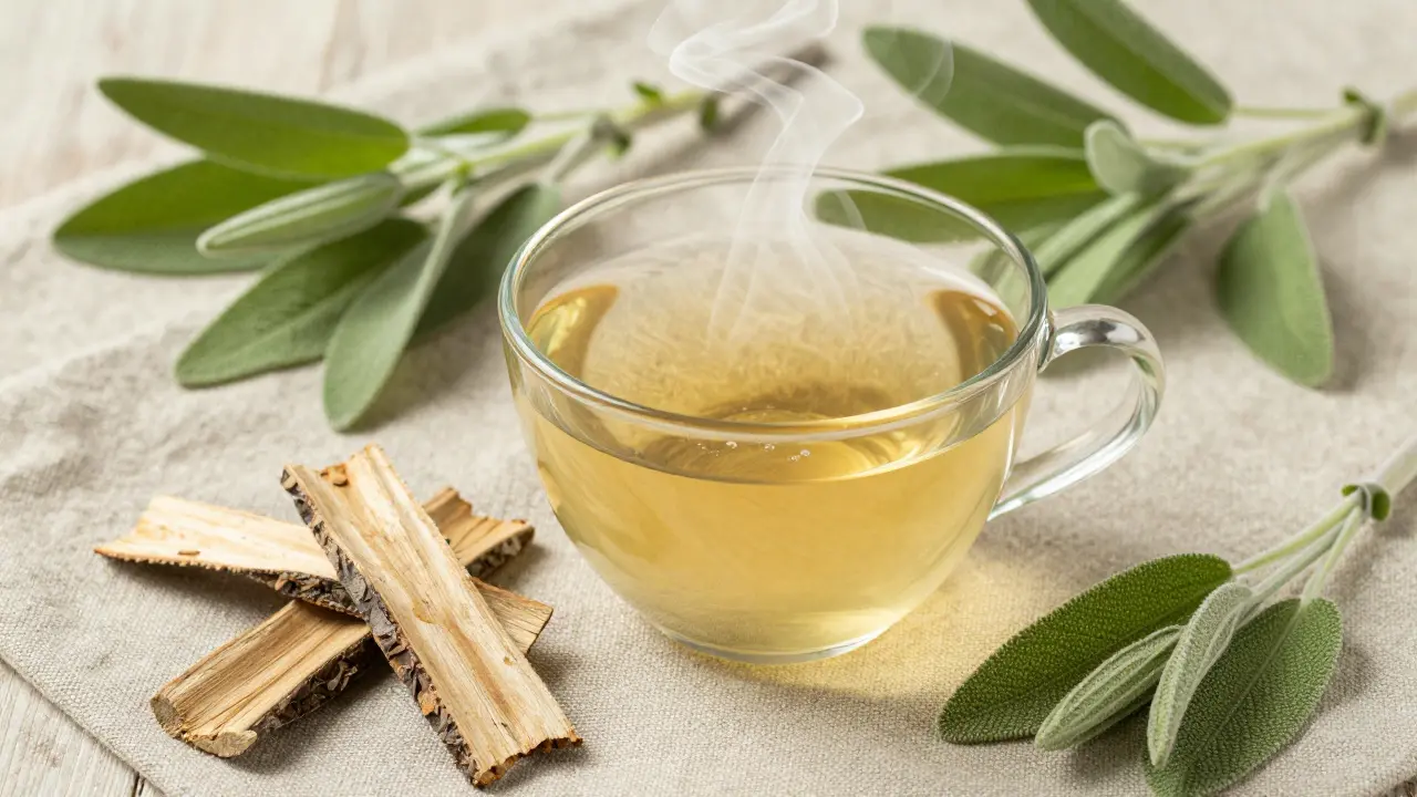 Šalvějový čaj a kůra z dubu na lněném plátně.