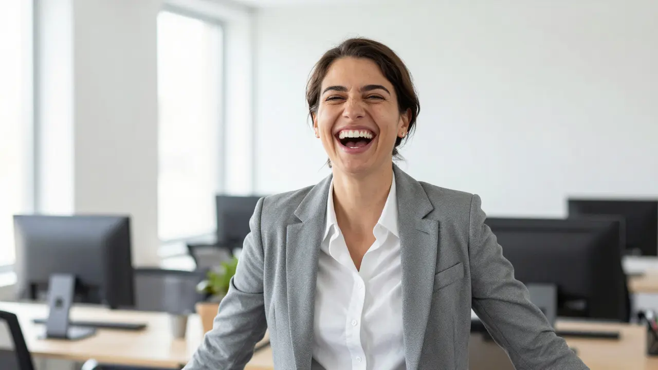 Sebevědomý člověk s perfektním úsměvem v moderním kancelářském prostředí.