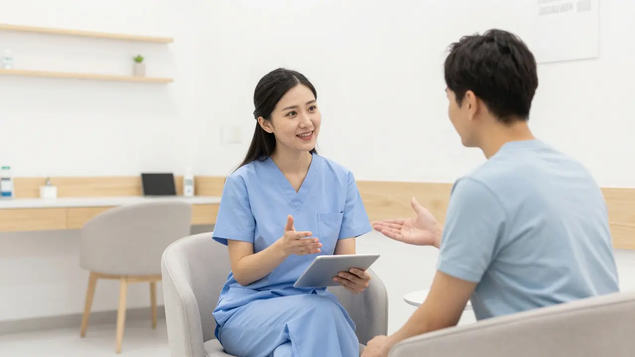 Sociální pracovník v moderní onkologické ambulanci pomáhá pacientovi.