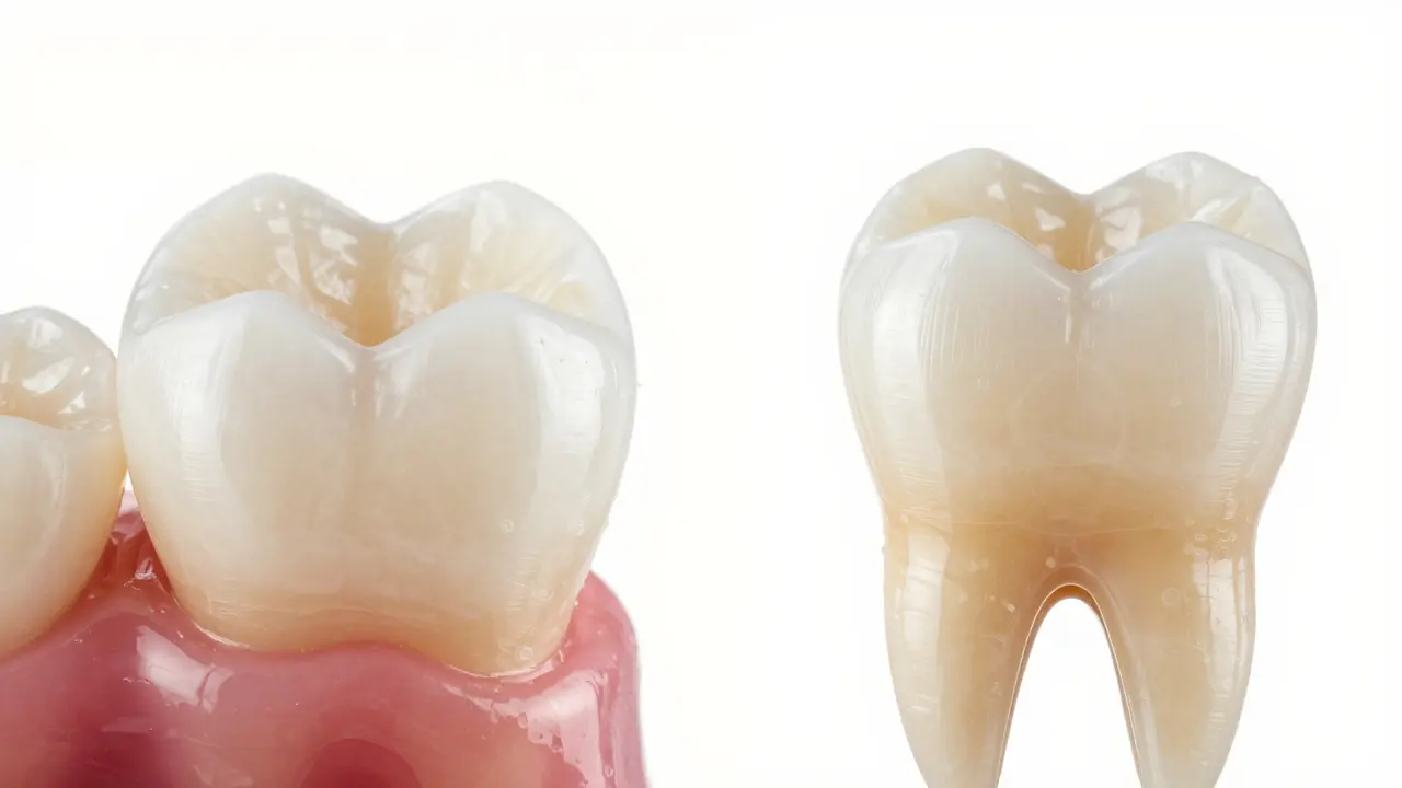 Srovnání běžné výplně a moderního kompozitního onlaye pro obnovu korunky zubu.