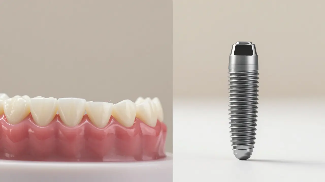 Srovnání zubního implantátu a můrky s důrazem na zachování zdravých zubů.