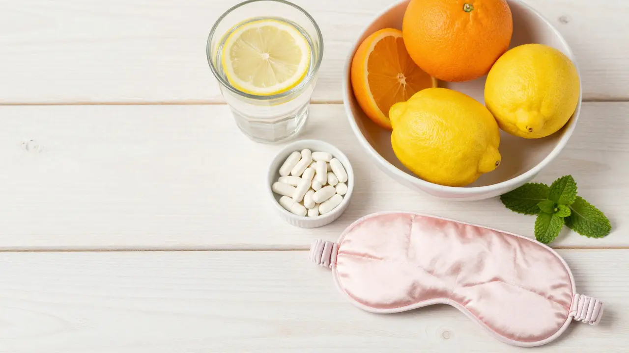 Stále voda, citrusy a doplňky stravy symbolizující zotavení z virózy.