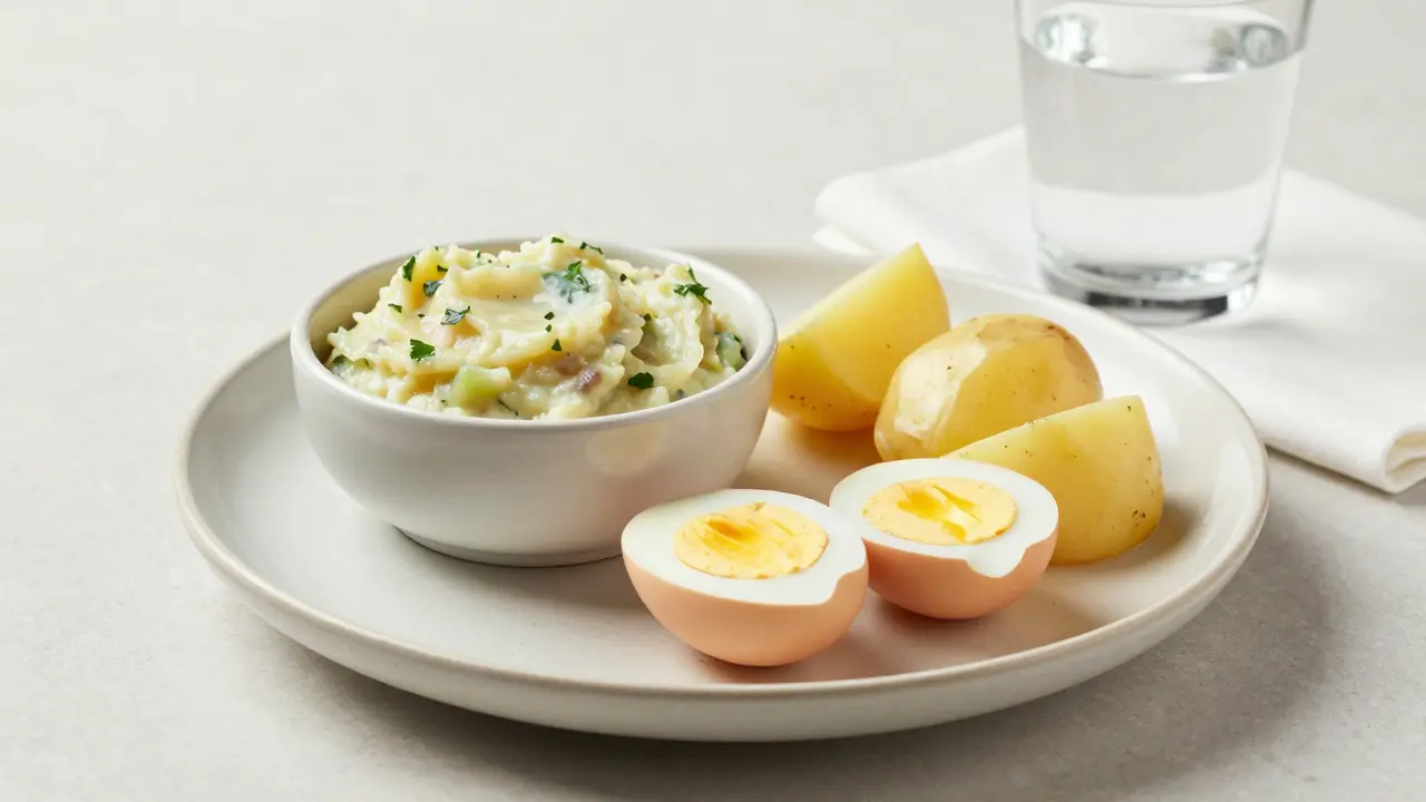 Talíř s měkkými potravinami, jako je pyré a vajíčko, pro snadné žvýkání.